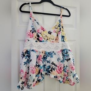 Torrid size 2 white baby doll tank with colorful floral lace details/cut out